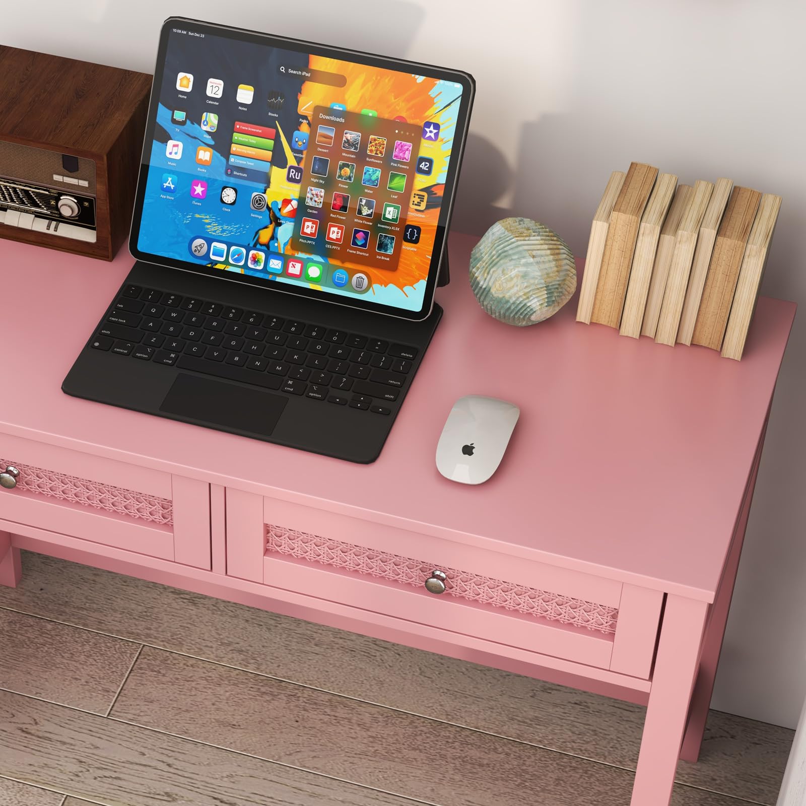 Vikiullf Pink Desk with Drawers - 39 in Study Writing Table Makeup Vanity Desks for Small Spaces, Modern Home Office Desk with 2 Rattan Drawers, (Pink, 39.5)