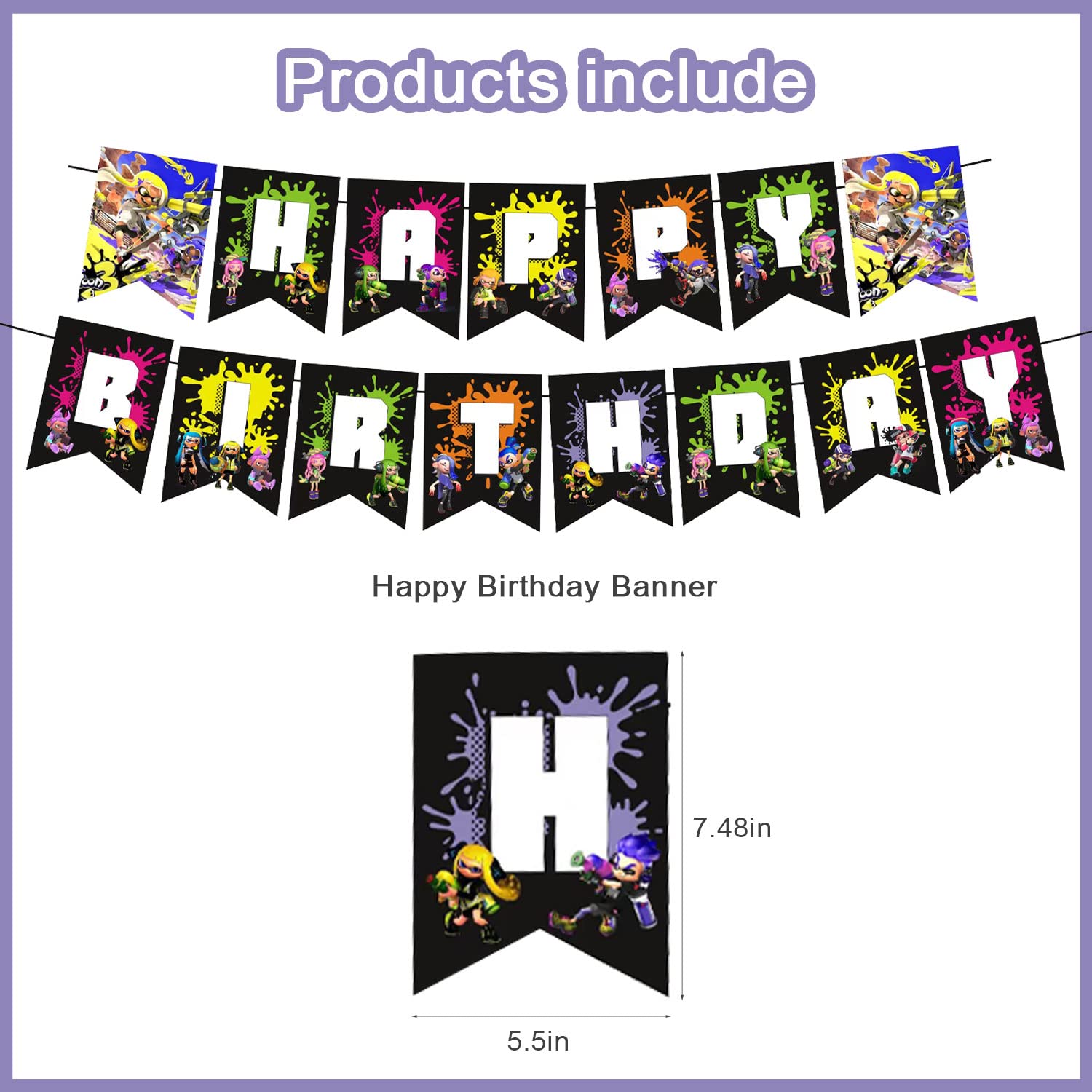 Mnhjkiuo 𝑺𝒑𝒍𝒂𝒕𝒐𝒐𝒏 3 Birthday Party Decorations, Video Game Party Supplies with Happy Birthday Banner, Cupcake Cake Toppers, Balloons for Kids Adults Birthday Party Baby Shower Decorations