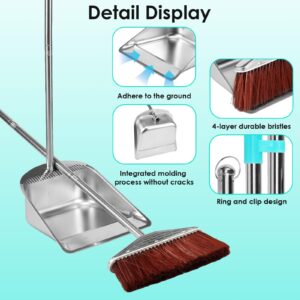 Broom and Dustpan Set Stainless Steel with Long Handle,Heavy Duty Dustpan Broom Set Upright Standing Dust Pan Kitchen Brooms, for Sweeping Kitchen Room Office Lobby Floor