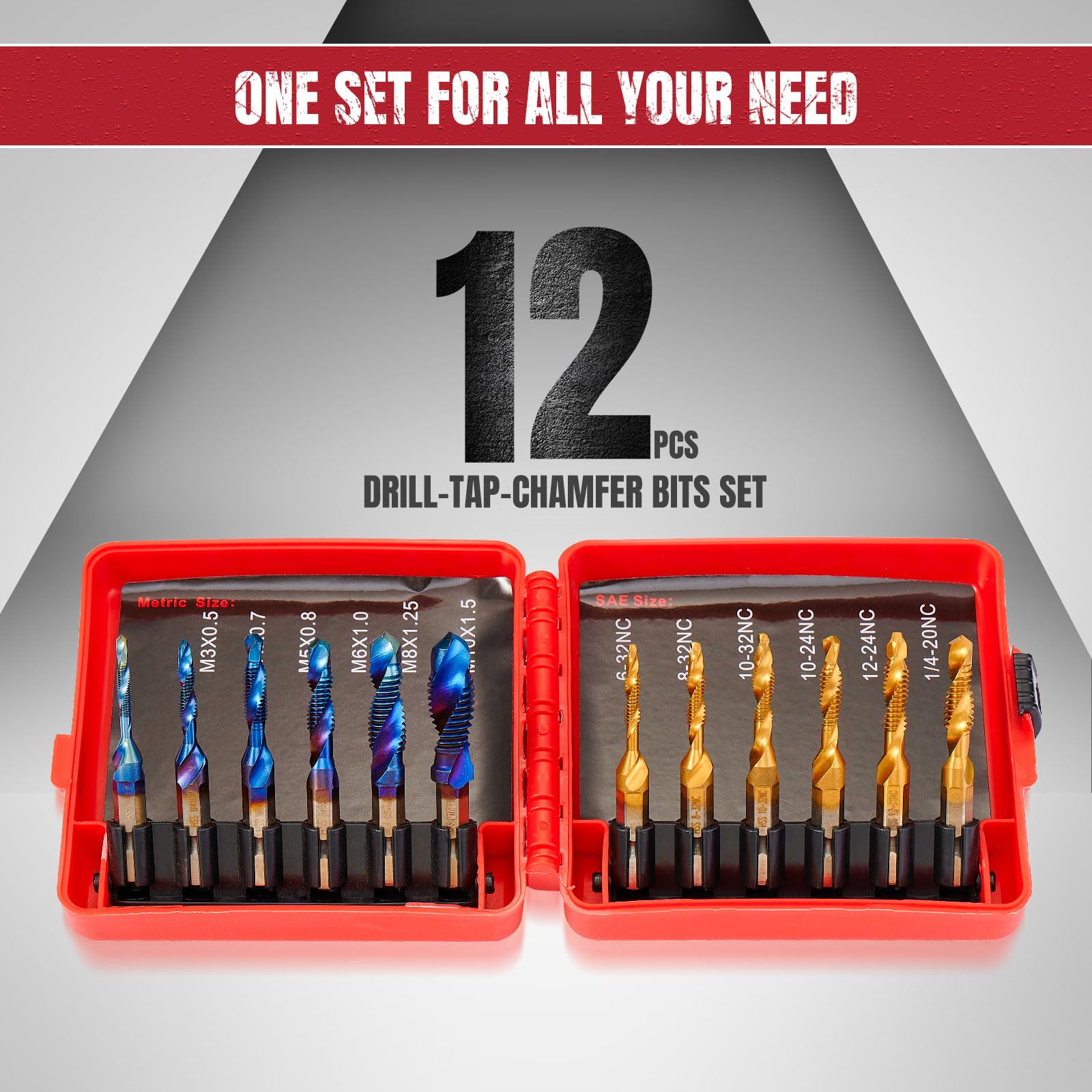 ColumPRO 12PCS Titanium Drill and Tap Combination Bits Set, 1/4” Hex Shank 3-in-1 Blue Coated Spiral Screw Tapping Multi-Function Bit for Drilling, Tapping and Countersinking (Metric&SAE)