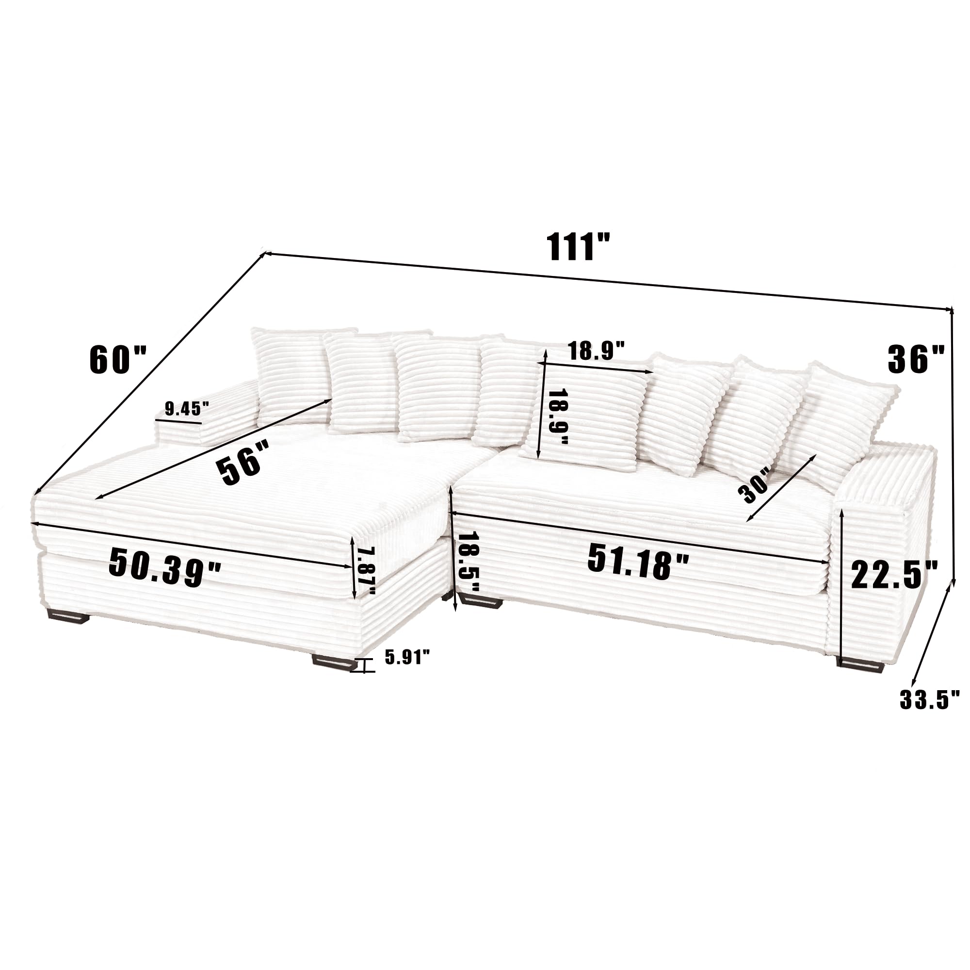 WILLIAMSPACE 111" Sectional Sofa Couch for Living Room, Modern Upholstered L-Shape Sofa 3 Seater Couch with Chaise & Pillows, Contemporary Corner Sofa for Apartment, Corduroy (Left-Facing,Gray)