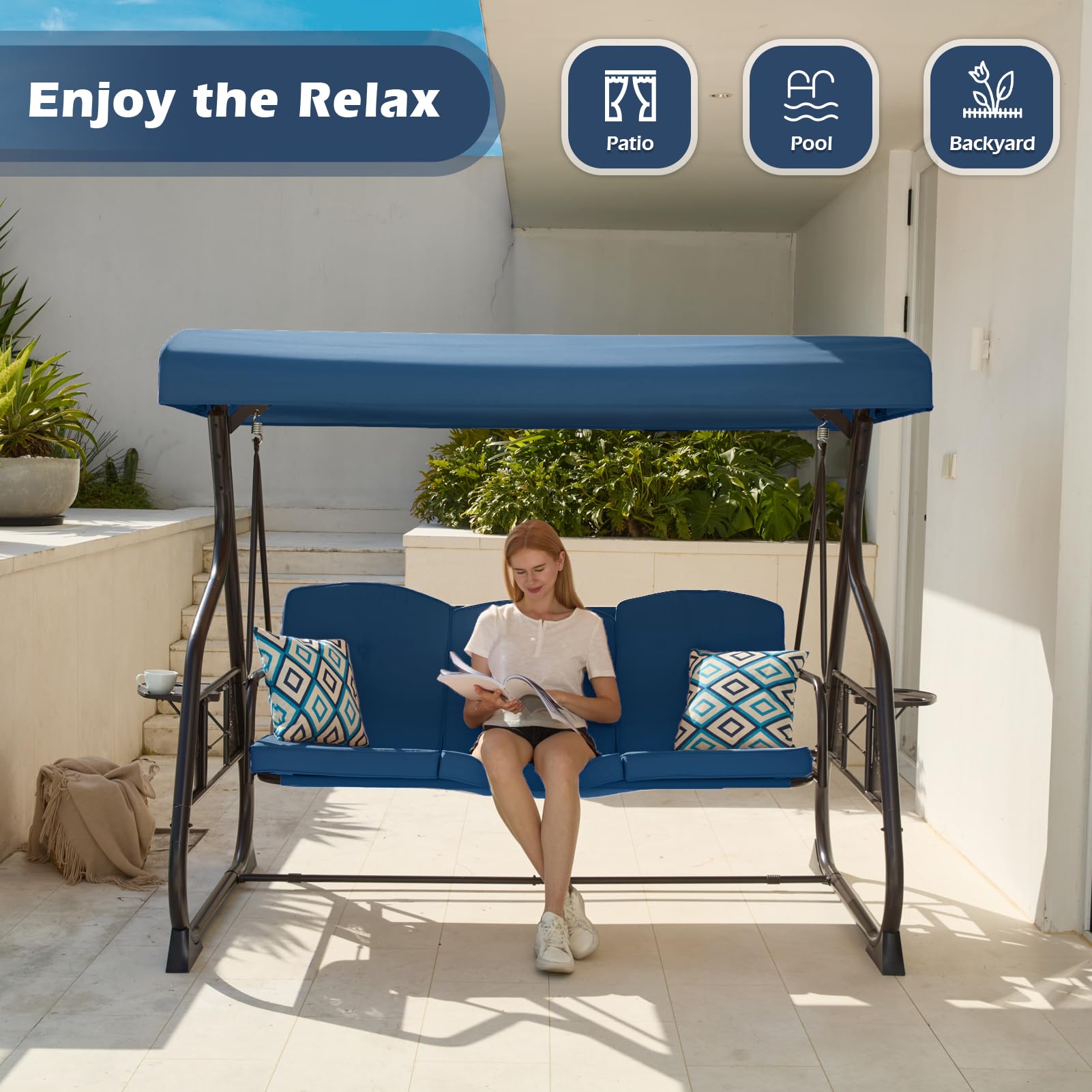 ZZW 3-Seat Patio Porch Swing 800LBS Outdoor Swing with Stand w/Canopy & Adjustable Backrest Patio Glider Chair w/Removable Pillows & Foldable Side Tray for Balcony Garden Deck (Blue)