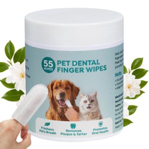 55pcs dog teeth cleaning wipes, dog dental wipes pet dental finger wipes for dogs & cats, dog teeth cleaner cat dental wipes reduces plaque & freshens breath