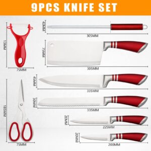 Kitchen Knife Set, 9-Piece Red Knife Set with Acrylic Block, Non Stick Sharp High Carbon Stainless Steel Chef Knife Set with Sharpener for Kitchen Cutting Kitchen Gifts for Women