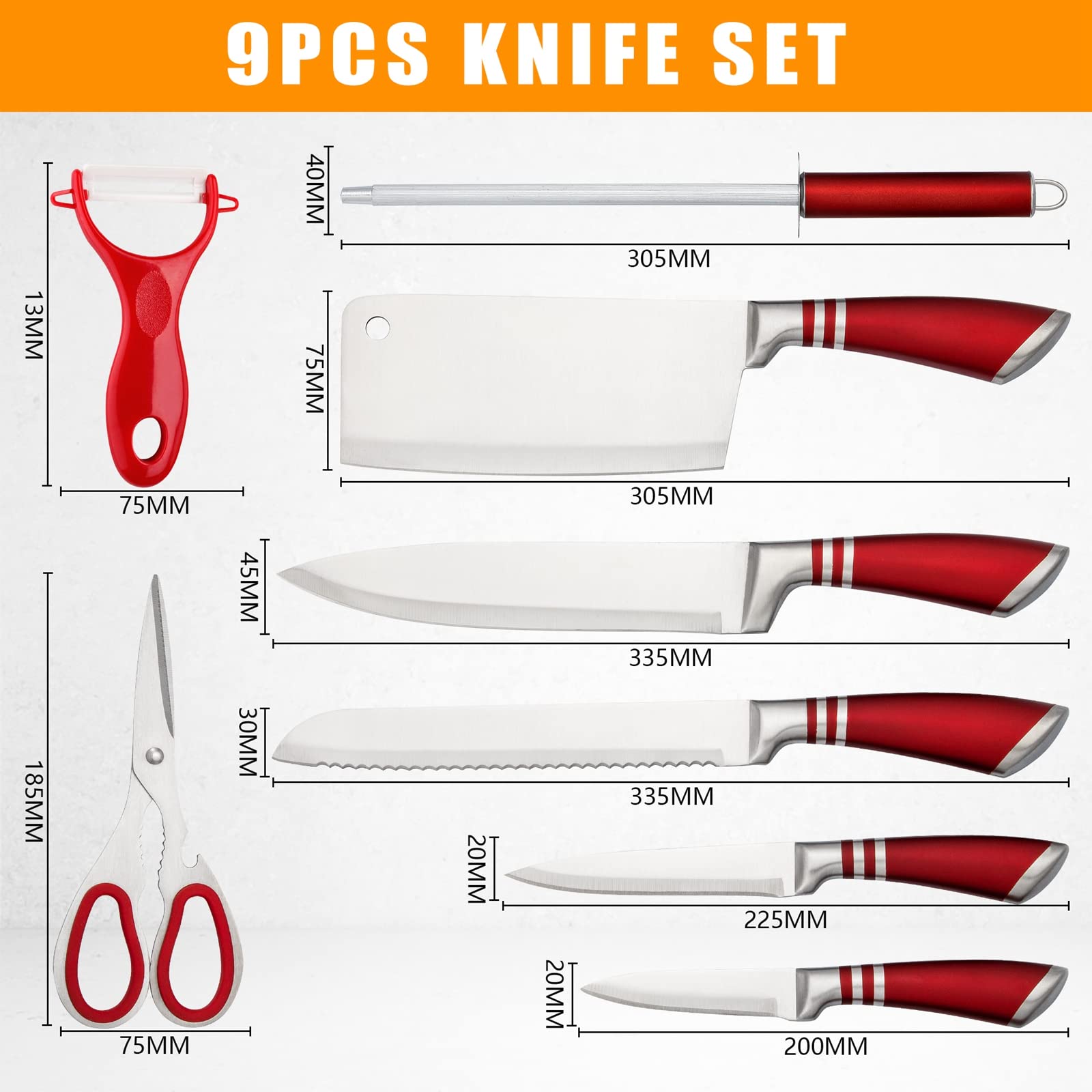 Kitchen Knife Set, 9-Piece Red Knife Set with Acrylic Block, Non Stick Sharp High Carbon Stainless Steel Chef Knife Set with Sharpener for Kitchen Cutting Kitchen Gifts for Women