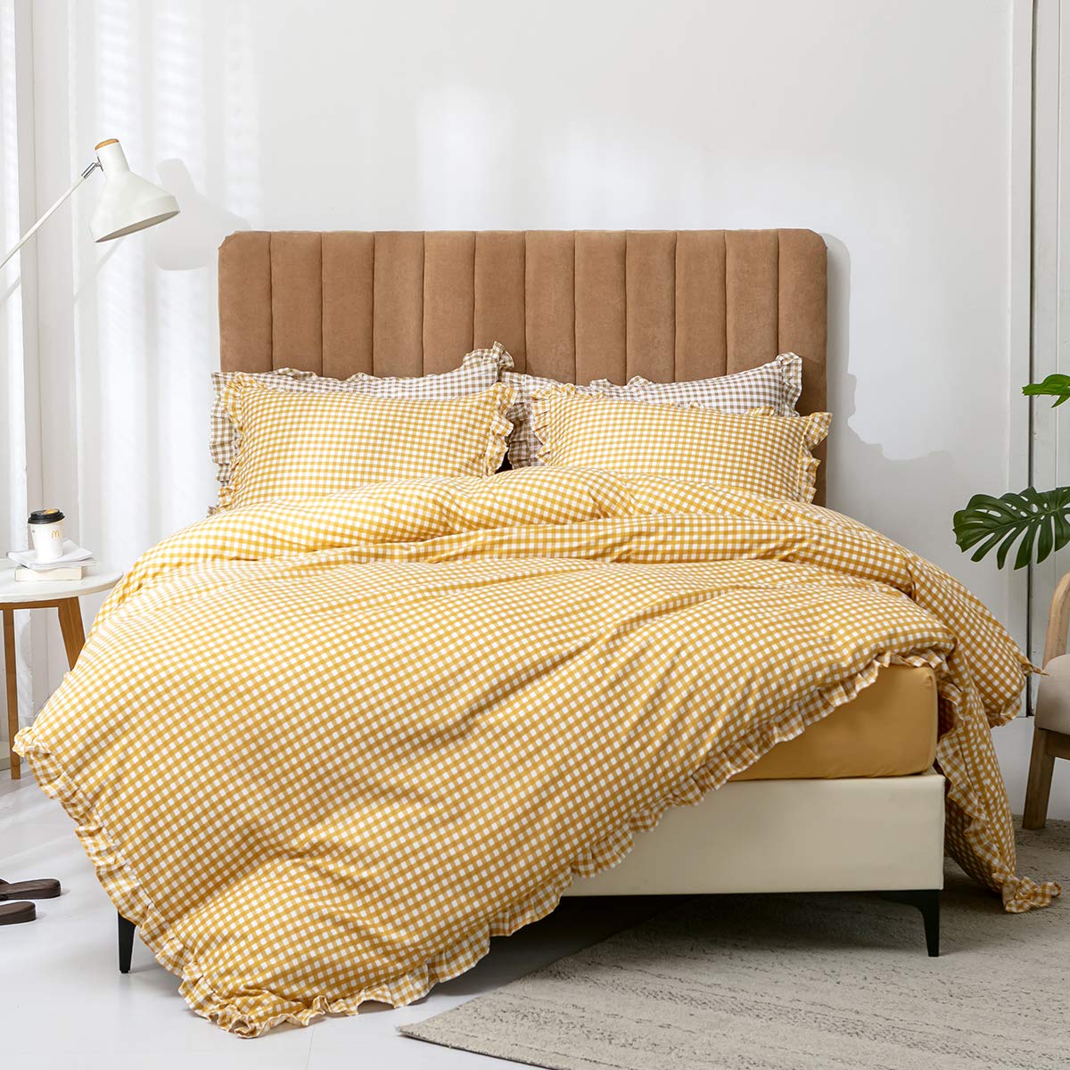 INFLAG Ruffle Duvet Cover Set Twin Size, Vintage Ruffle Plaid Bedding Set, 100% Washed Cotton Soft Breathable Quilt Cover 2 Pieces Zipper Closure Bedding (Yellow, Twin 66"x90")