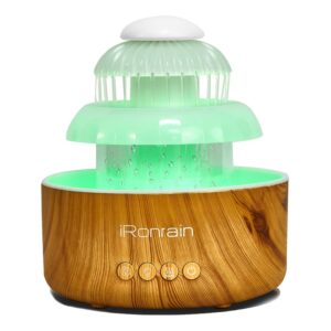 ironrain water flowing cool mist humidifier for bedroom, waterfall dry air pet humidifier with raining sound & 8 colors night light, home decor anti-allergy humidifier for toddle, baby, dorm room