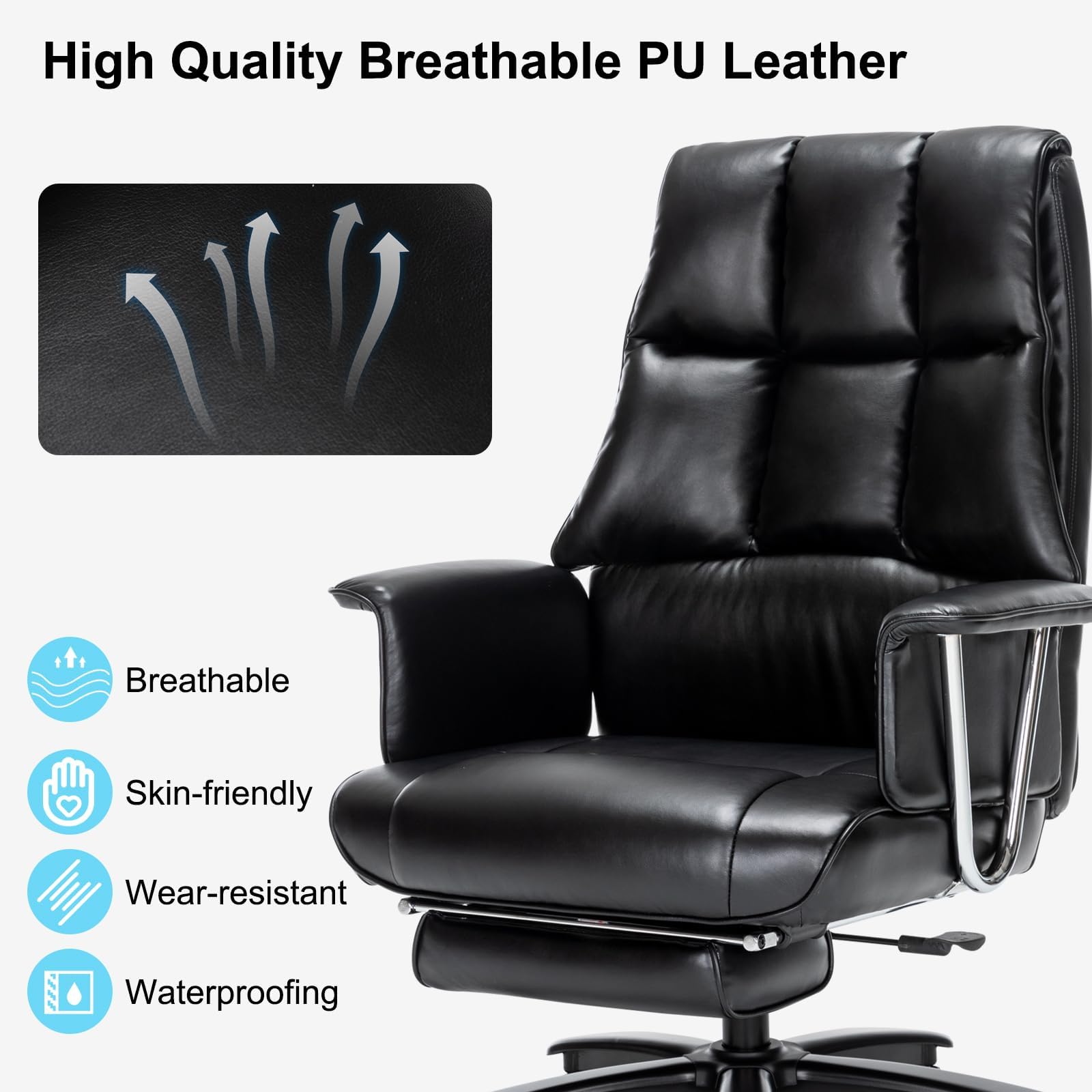 Office Chair Heavy Duty with Footrest, 400lbs-Big Tall PU Leather Ergonomic Office Chair for Heavy People High Back Computer Task Reclining Chair with Wide Thick Cushion Large Home Office Chair