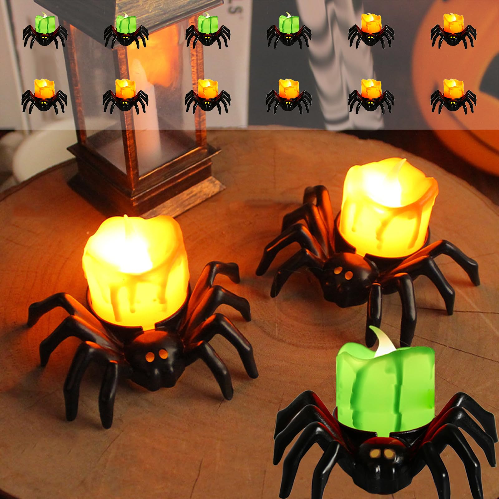 ZIEEZCYY 12Pcs Halloween Spider Tea Lights Decoration, 8pcs Orange and 4pcs Green Spider LED Lights Mixed Pack, for Halloween Party Decorations, Halloween Table Home Park Spooky Decor