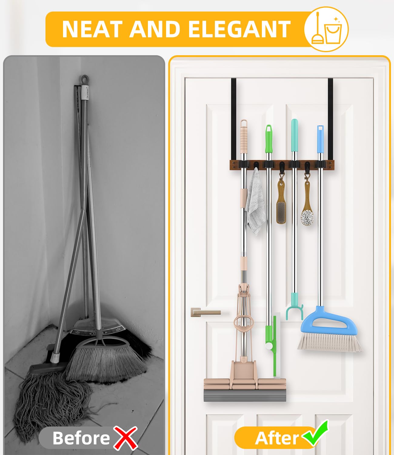 Broom Holder Over The Door - Wood Mop and Broom Holder Wall Mounted or Hanging Over The Door with Hooks - Broom Hanger, Broom Storage Tool Organizer with 4 Racks and 3 Hooks for Garage Closet Laundry