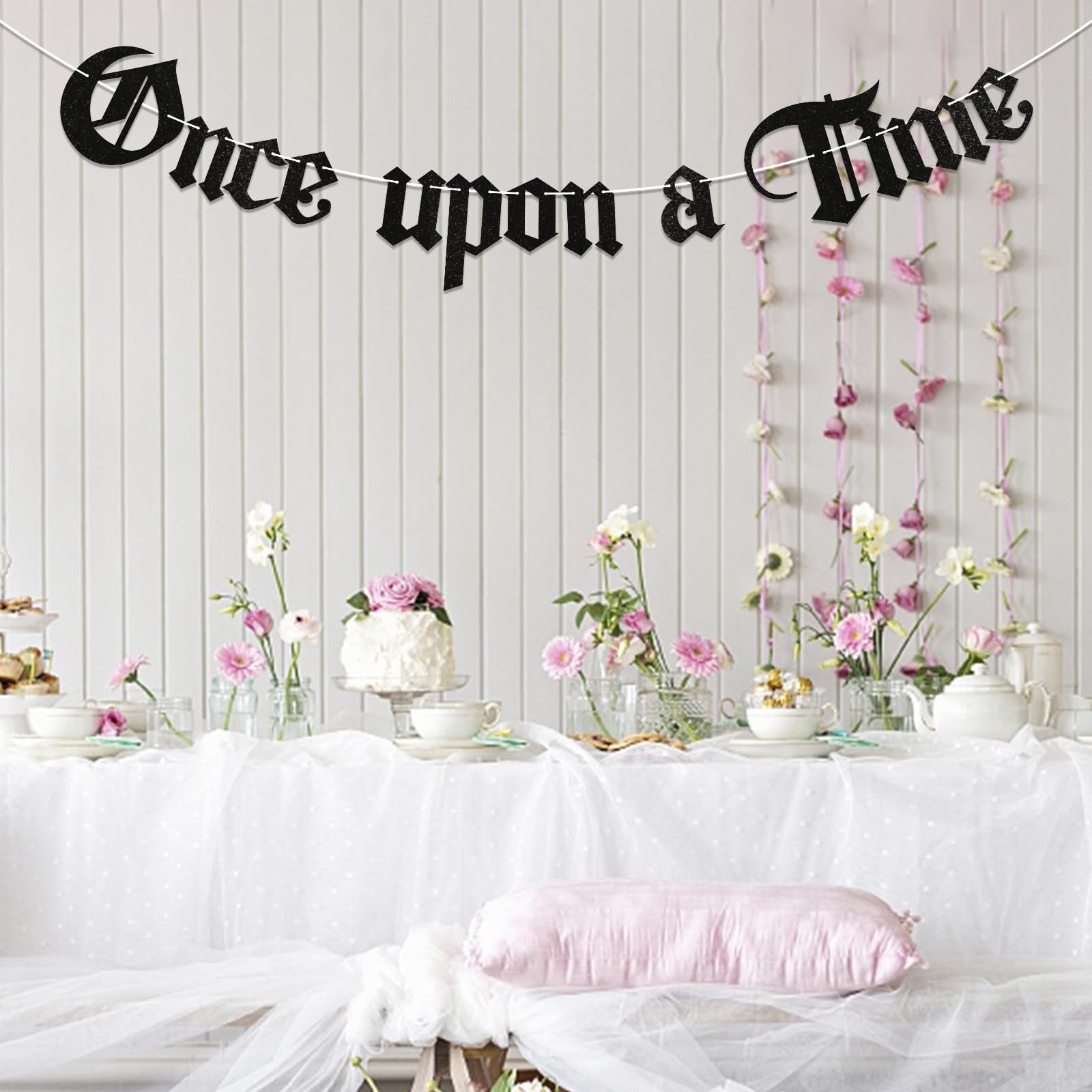 Pre-Strung Once Upon a Time Banner, Gothic Letter Bridal Shower Party Bunting Sign, Funny Wedding Engagement, Birthday, Bachelorette Party Decors Supplies Black Glitter