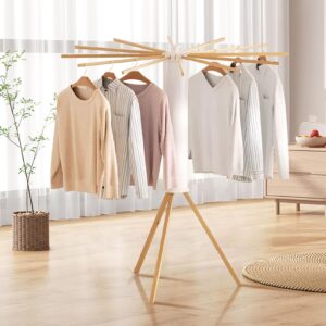 Ejoyous Tripod Clothes Drying Rack, Flodable Laundry Hanger Collapsible Wooden Clothing Dry Rack Floor Standing Folding Garment Rack for Home Balcony Indoor Outdoor Travel