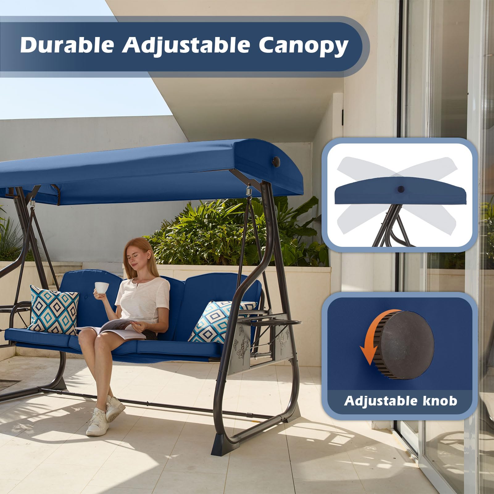 ZZW 3-Seat Patio Porch Swing 800LBS Outdoor Swing with Stand w/Canopy & Adjustable Backrest Patio Glider Chair w/Removable Pillows & Foldable Side Tray for Balcony Garden Deck (Blue)