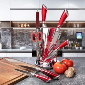 Kitchen Knife Set, 9-Piece Red Knife Set with Acrylic Block, Non Stick Sharp High Carbon Stainless Steel Chef Knife Set with Sharpener for Kitchen Cutting Kitchen Gifts for Women