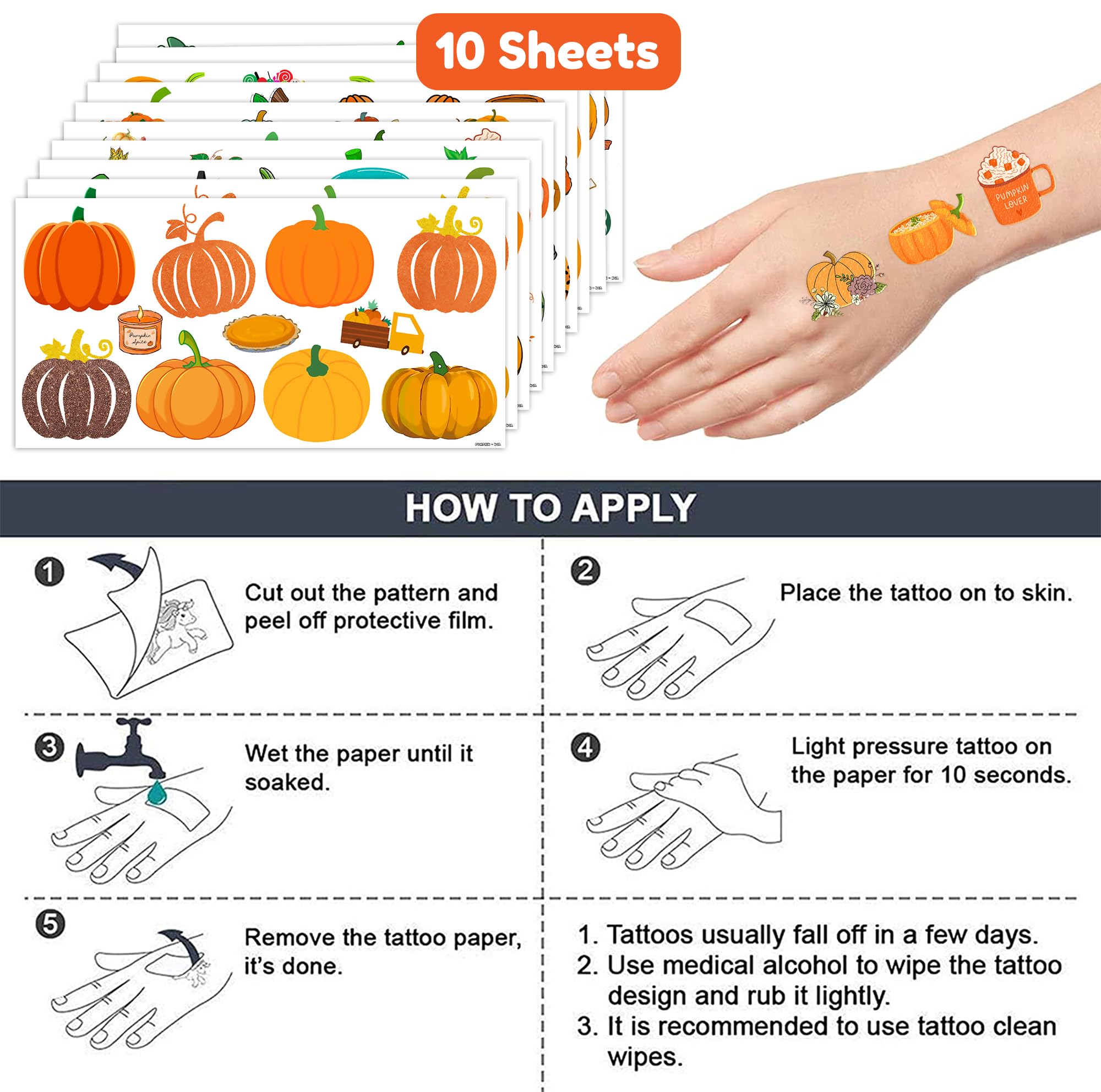 Cute Pumpkin Temporary Tattoos 10 Sheets 100 PCS Fall Pumpkin Party Decorations Favors Supplies Fall Theme Birthday Stickers Halloween Gifts for Boys Girls Kids Class School Prizes Carnival Christmas