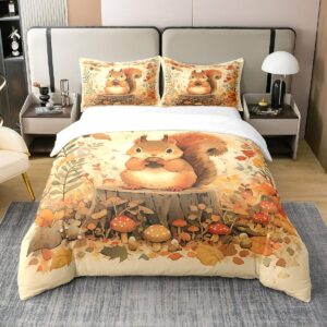 cute squirrel bedding set queen 100% cotton cartoon mushroom watercolor maple leaves duvet cover for kids teens adults lovely wild animal fall rustic style comforter cover,2 pillowcases(no comforter)