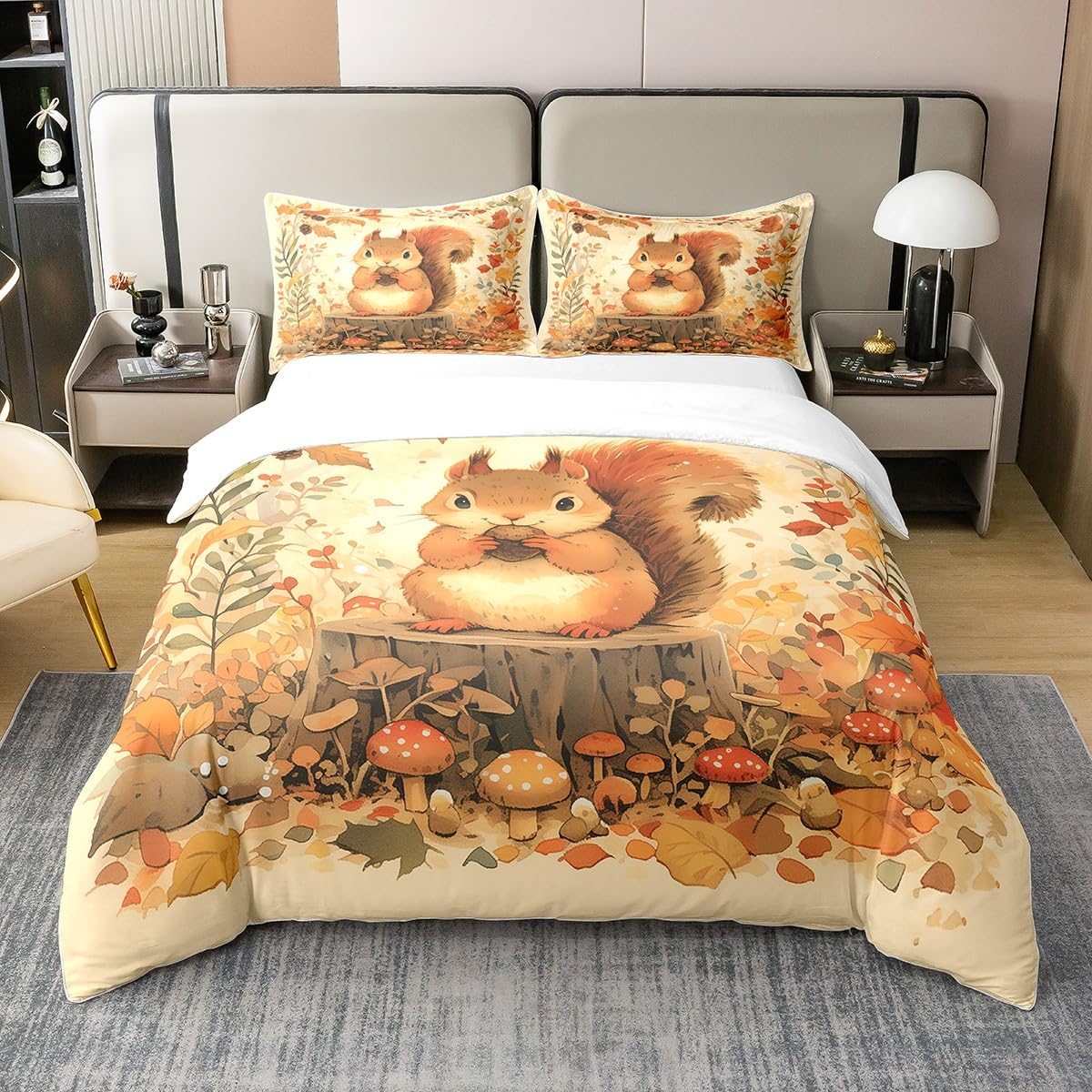 Cute Squirrel Bedding Set Queen 100% Cotton Cartoon Mushroom Watercolor Maple Leaves Duvet Cover for Kids Teens Adults Lovely Wild Animal Fall Rustic Style Comforter Cover,2 Pillowcases(No Comforter)