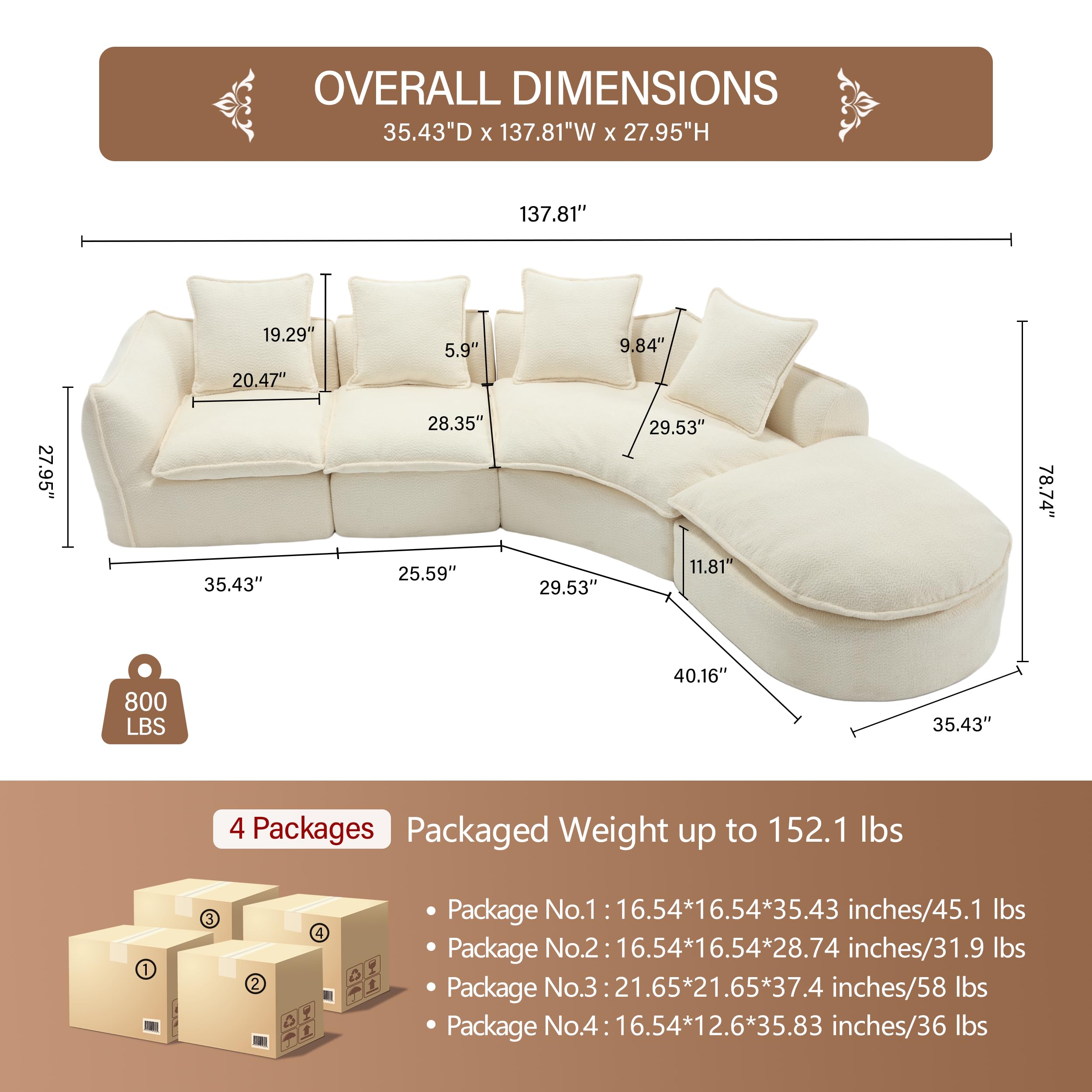 Haplized 137" Modular Sectional Couch,Comfy Upholstered Sectional Sofa,High Density Sponge Floor Sofa,5 Seater Cloud Sofa for Living Room,Bedroom,Apartment,Beige