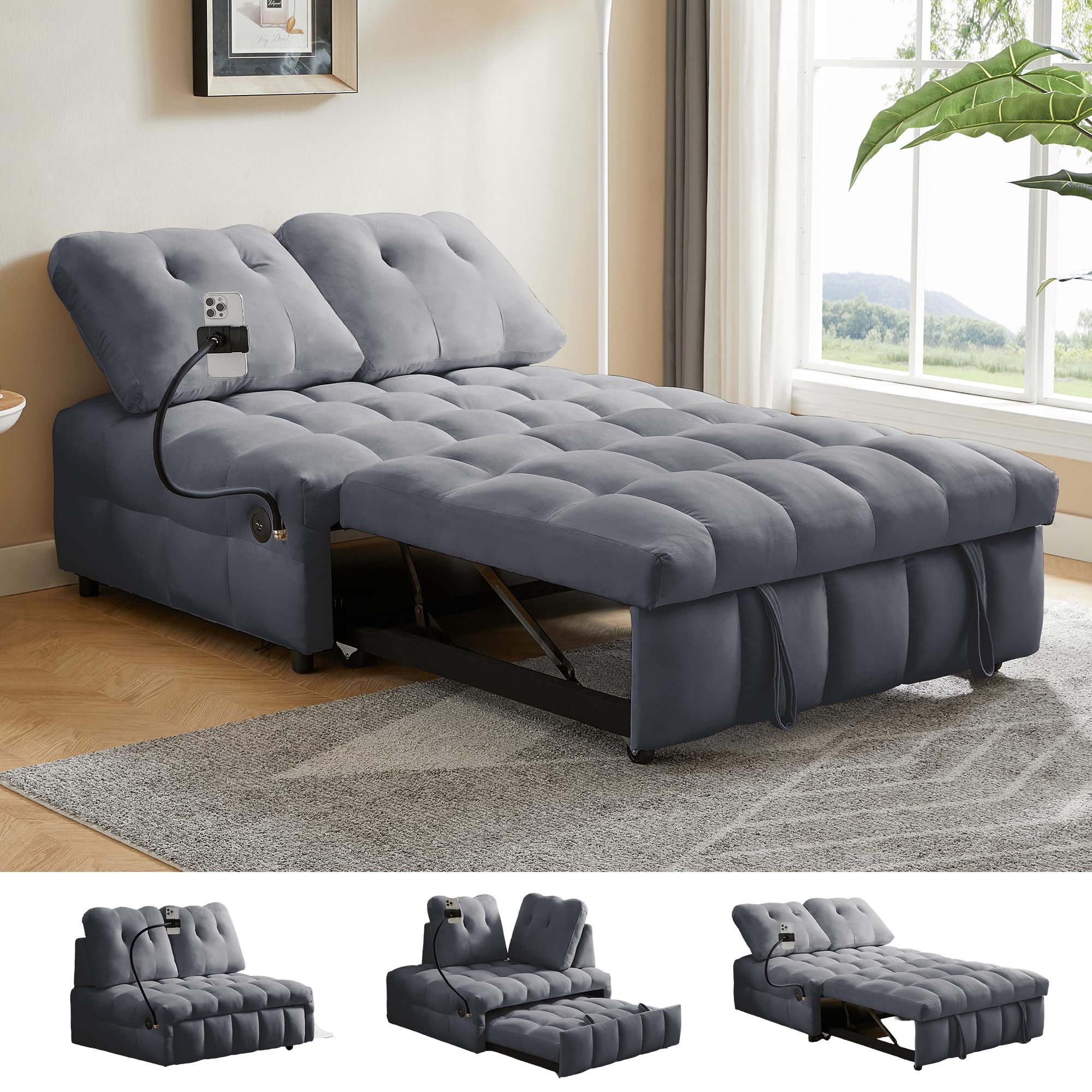 UPYOOE Modern Pull Out Sofa Bed, Convertible Sleeper Sofa Bed Twin Size, with USB Port, Velvet Upholstery Couch, Phone Holder, Chaise Lounge for Small Spaces, Living Room, Apartment, RV, Bedroom, Grey