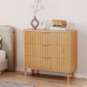 yitahome 3 drawer dresser for bedroom, 32 inch tall mid century modern chest of drawers, waveform fluted side table with curved profile design, wood drawer organizer, natural oak