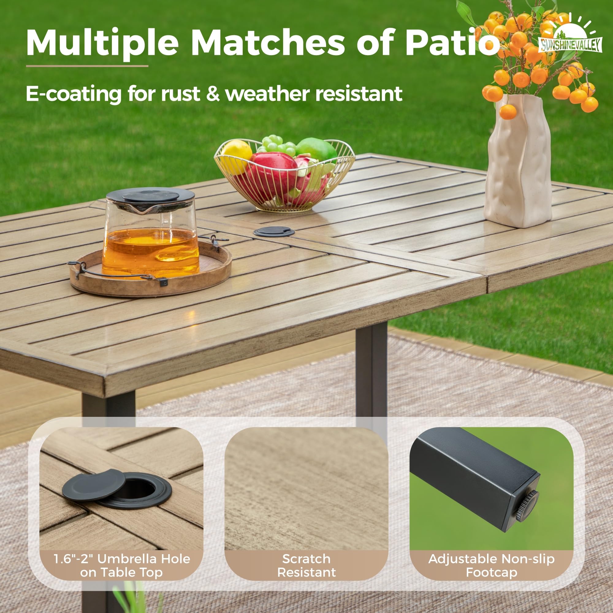 SUNSHINE VALLEY Patio Dining Sets for 6,Outdoor Dining Blue Chairs Rectangular Dining Table with 1.57” Umbrella Hole Wood-Like Table Top for Outdoor Kitchen Lawn Garden,Backyard,Deck.