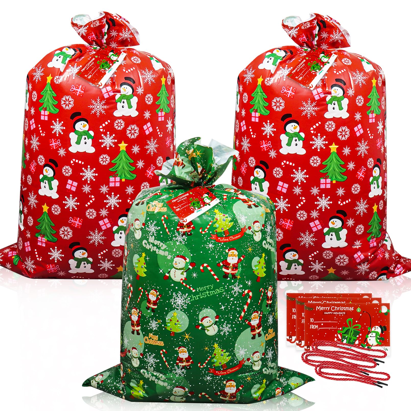 Nwvuop 3 Pack 36× 44 Inches Jumbo Christmas Gift Bag, Giant Plastic Gift Bag Christmas Wrapping Bag with Gift Tags(Red, Green)