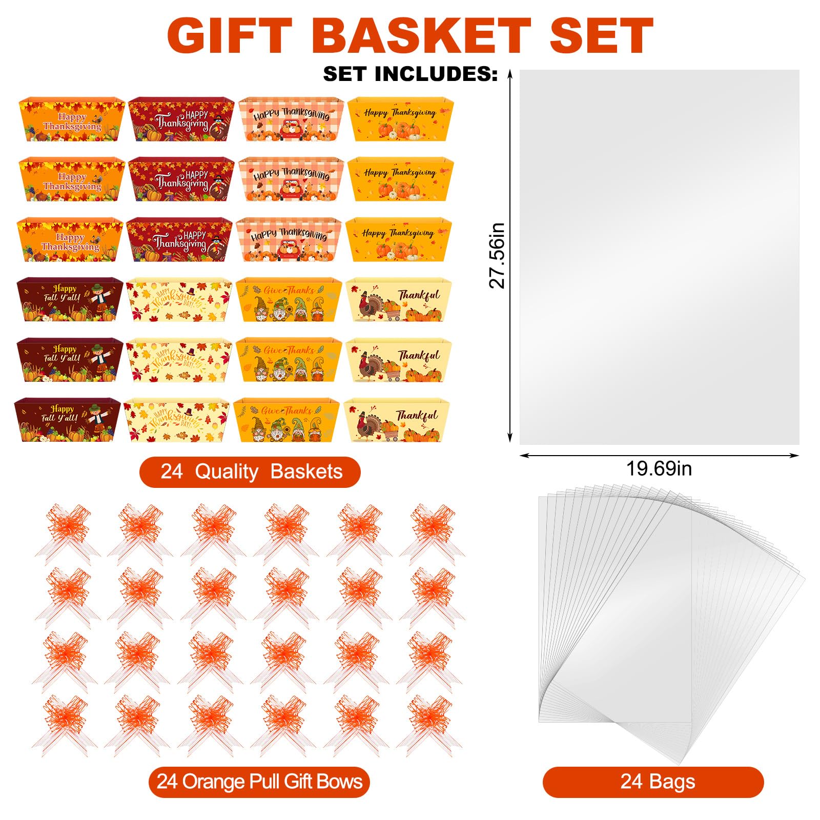 Dispowreath 72 Pcs Thanksgiving Gifts Basket Empty to Fill Kit 24 Fall Pumpkin Maple Leaves Gift Basket Empty 24 Clear Basket Bags 24 Pull Bows for Autumn Harvest Gift Box Party Favors