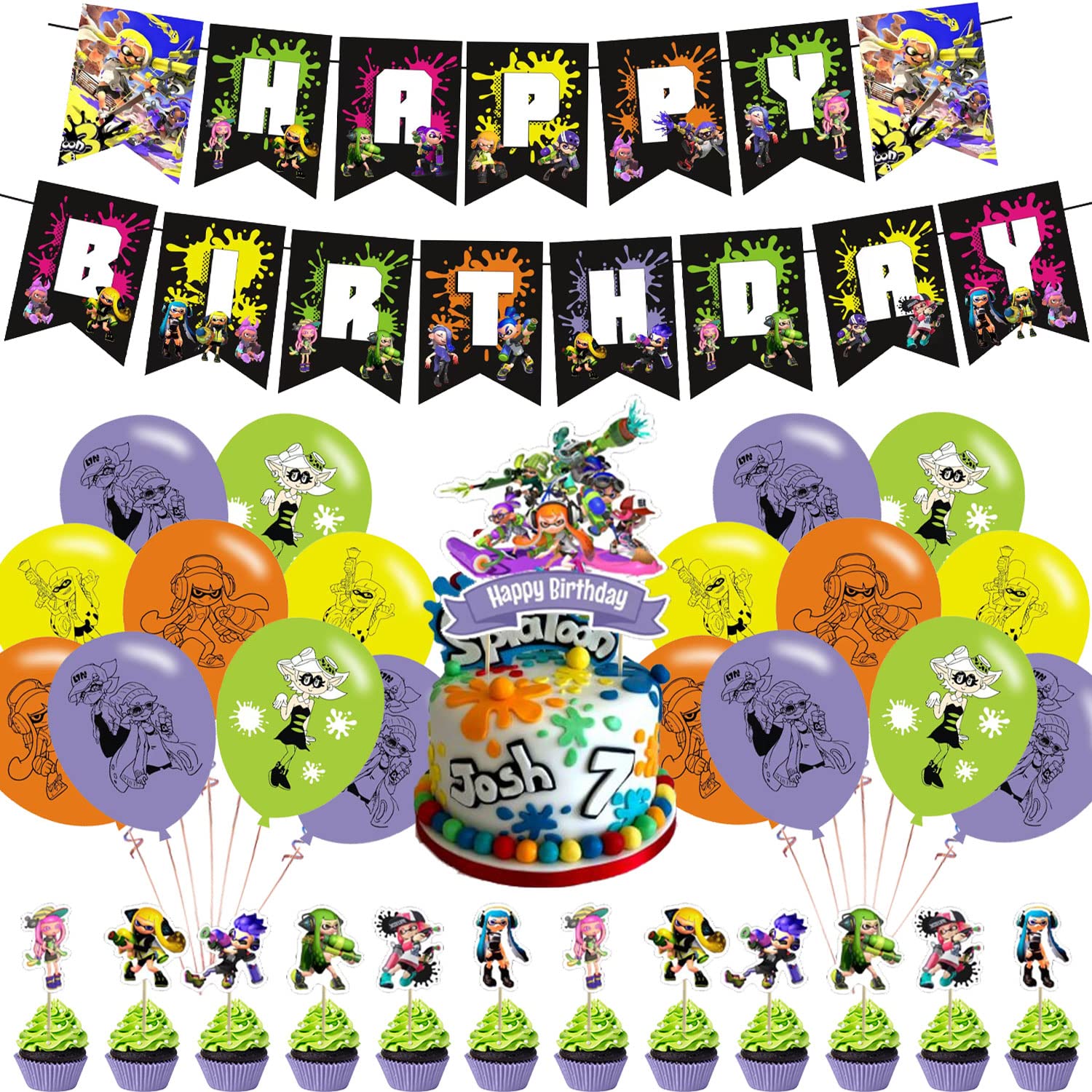 Mnhjkiuo 𝑺𝒑𝒍𝒂𝒕𝒐𝒐𝒏 3 Birthday Party Decorations, Video Game Party Supplies with Happy Birthday Banner, Cupcake Cake Toppers, Balloons for Kids Adults Birthday Party Baby Shower Decorations