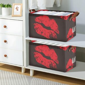 susiyo Red Lips Prints Storage Bins Fabric Closet Storage Baskets with Wire Support Frame and Handles- 1 Piece