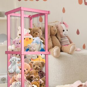 Feidyns Zoo Stuffed Animal Storage Wood, Extra Large Stuffed Animal Toy Zoo Storage Stuffed Animal Zoo Storage Holder Standing with Nets for Nursery Play Room Bedroom, Pink