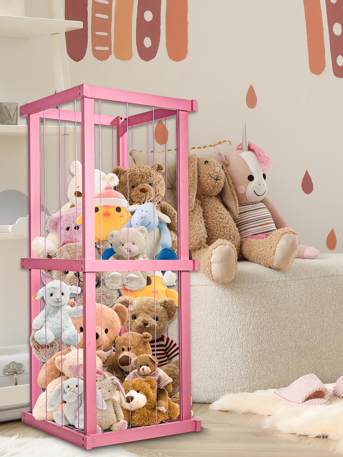 Feidyns Zoo Stuffed Animal Storage Wood, Extra Large Stuffed Animal Toy Zoo Storage Stuffed Animal Zoo Storage Holder Standing with Nets for Nursery Play Room Bedroom, Pink