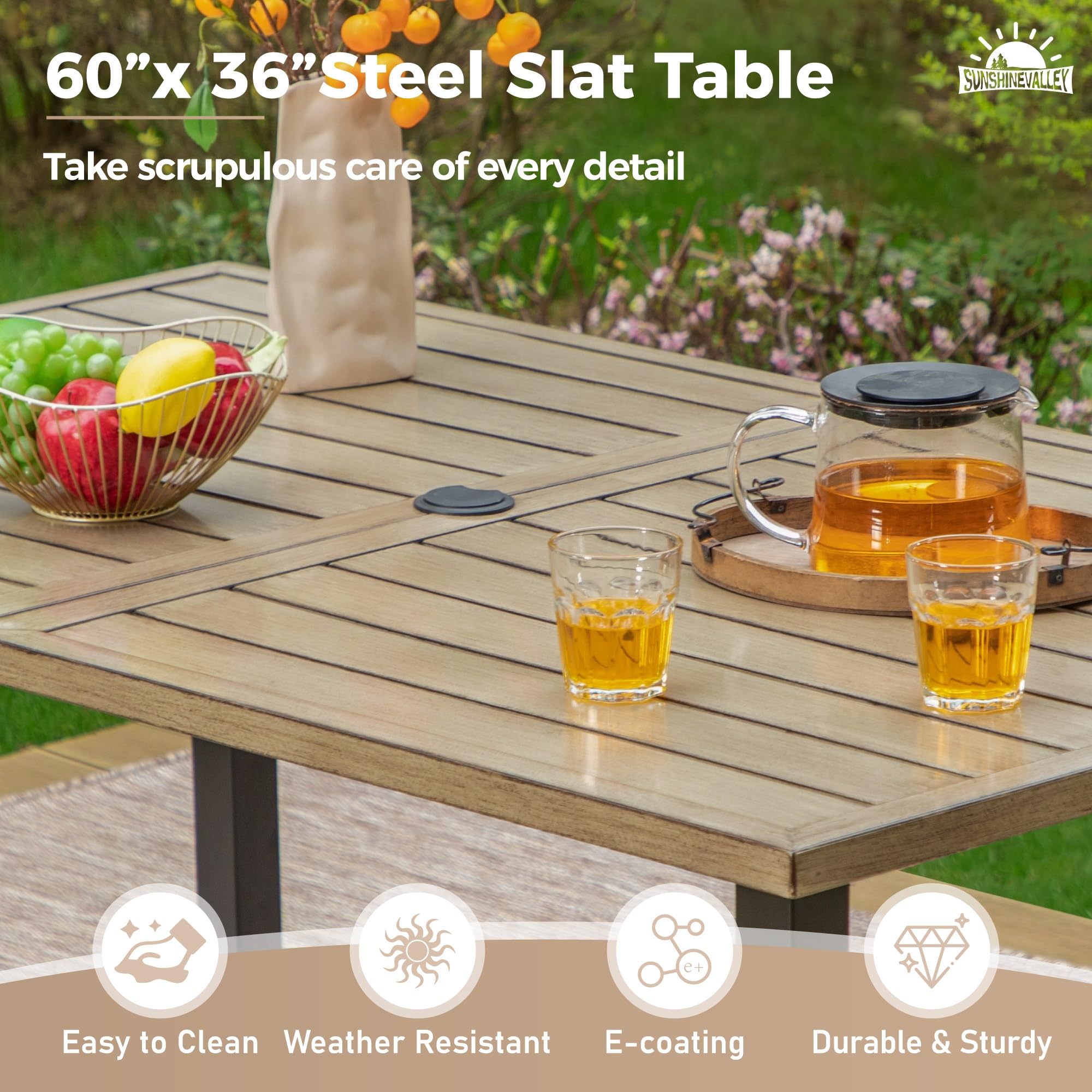 SUNSHINE VALLEY Patio Dining Sets for 6,Outdoor Dining Blue Chairs Rectangular Dining Table with 1.57” Umbrella Hole Wood-Like Table Top for Outdoor Kitchen Lawn Garden,Backyard,Deck.