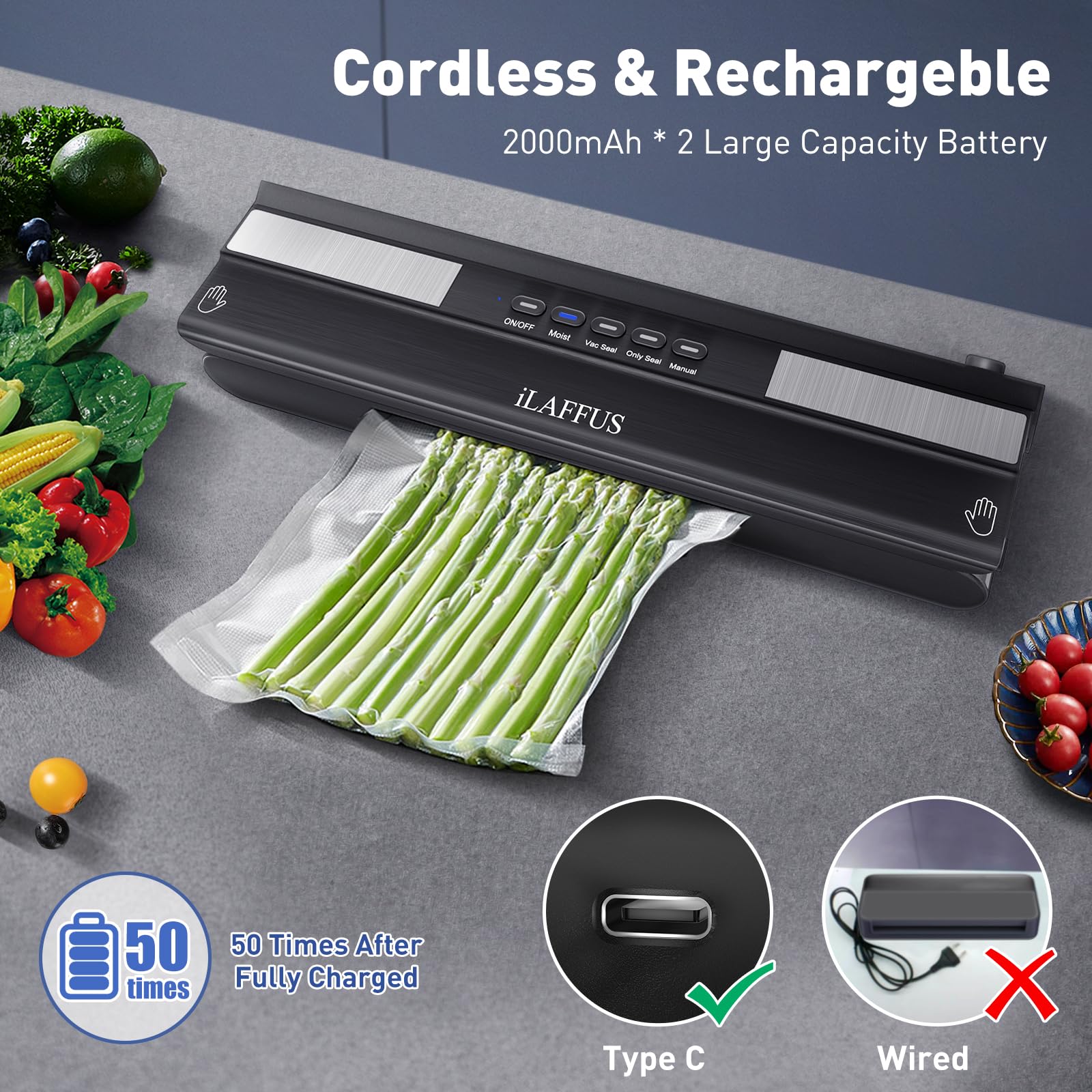 iLAFFUS Cordless Vacuum Sealer Rechargeble Dry & Moist Modes Compact Design Powerful Multi-Functional Food Vacuum Sealer Machine with Cutter for Fruits Vegetables Meat Nuts