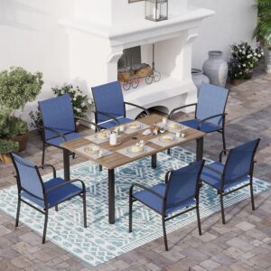 sunshine valley patio dining sets for 6,outdoor dining blue chairs rectangular dining table with 1.57” umbrella hole wood-like table top for outdoor kitchen lawn garden,backyard,deck.