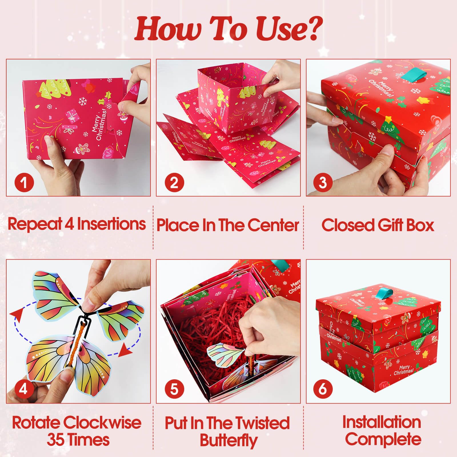 8 Pcs Christmas Flying Butterfly Surprise Box, DIY Magic Wind Up Explosion Gift Box for Christmas Thanksgiving Birthday Party Surprise Gift Box