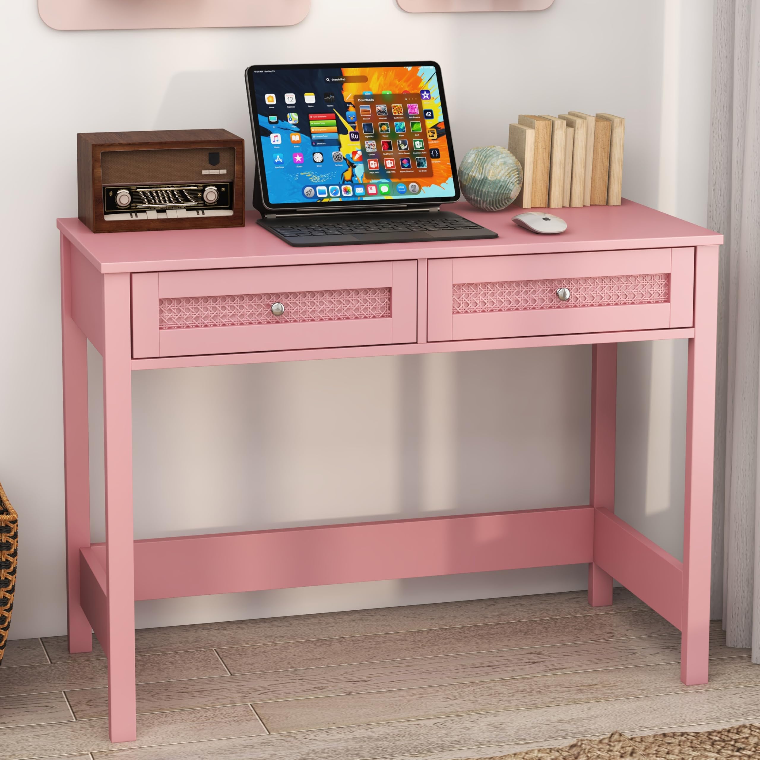 Vikiullf Pink Desk with Drawers - 39 in Study Writing Table Makeup Vanity Desks for Small Spaces, Modern Home Office Desk with 2 Rattan Drawers, (Pink, 39.5)