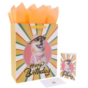 13” large yellow happy birthday gift bag set with handles, greeting card, tissue papers and stickers for women girls men boys, dog design, 1 pcs