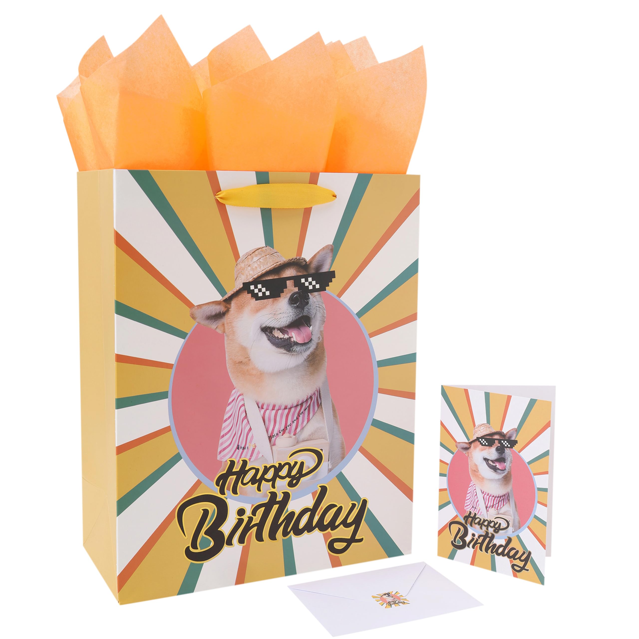 13” Large Yellow Happy Birthday Gift Bag Set with Handles, Greeting Card, Tissue Papers and Stickers for Women Girls Men Boys, Dog Design, 1 Pcs