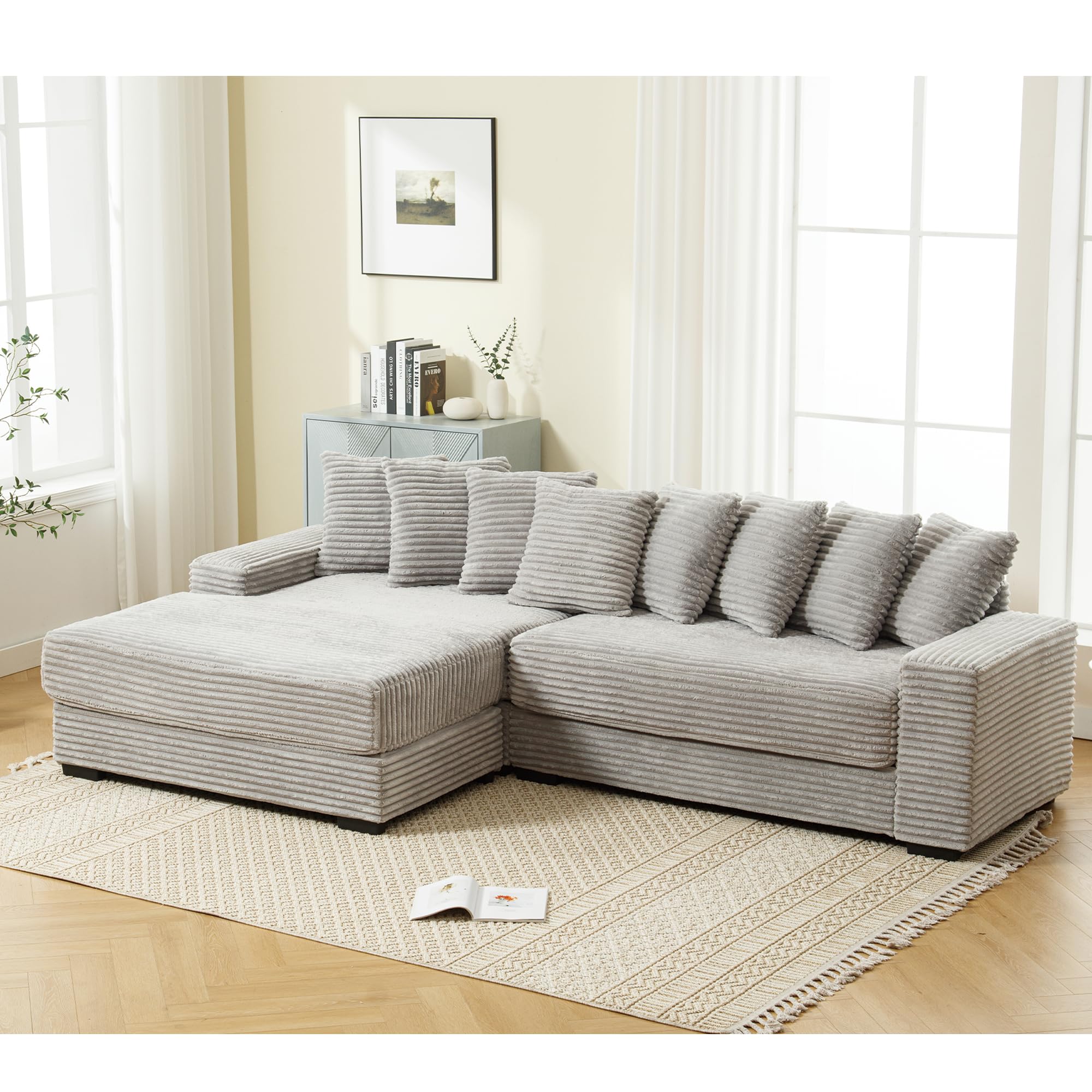 WILLIAMSPACE 111" Sectional Sofa Couch for Living Room, Modern Upholstered L-Shape Sofa 3 Seater Couch with Chaise & Pillows, Contemporary Corner Sofa for Apartment, Corduroy (Left-Facing,Gray)