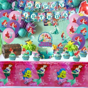 Ariel Birthday Party Supplies, Party Decorations Set Include Banner, Tablecloth, Balloons, Hanging Swirls, Cake Cupcake Toppers for Girls Little Mermaid Party Decorations