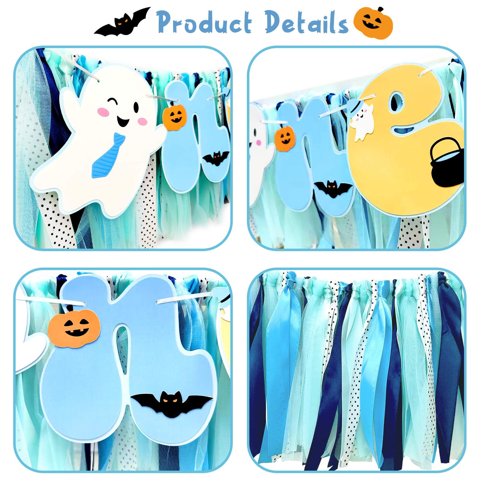 Fiesec Spooky One Birthday Highchair Banner Boy, Blue Halloween 1st Birthday Decorations Boy, Ghost First Party Decor, Little Boo Is One High Chair Ribbon Banner Smash Cake Photo Prop