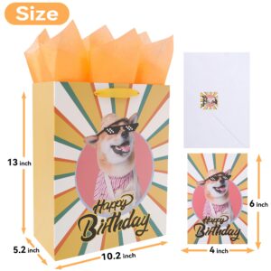 13” Large Yellow Happy Birthday Gift Bag Set with Handles, Greeting Card, Tissue Papers and Stickers for Women Girls Men Boys, Dog Design, 1 Pcs