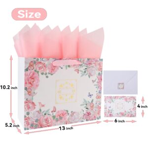 13” Large Pink Roses Gift Bag Set with Handles, Greeting Card, Tissue Papers and Stickers for Women Girls for Birthday, Wedding, Anniversary and Mother’s Day, Gold Foil Flowers Design, 1 Pcs