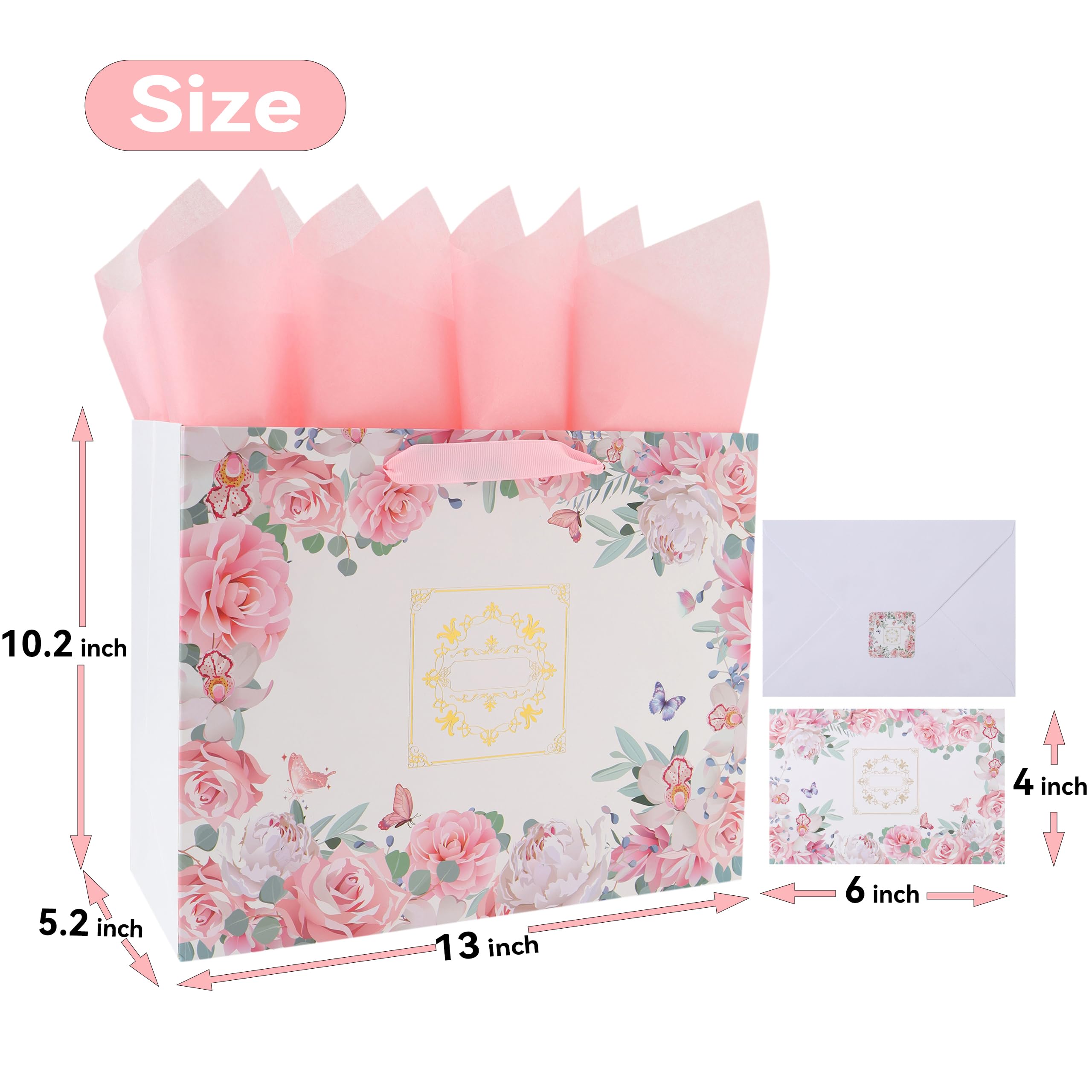 13” Large Pink Roses Gift Bag Set with Handles, Greeting Card, Tissue Papers and Stickers for Women Girls for Birthday, Wedding, Anniversary and Mother’s Day, Gold Foil Flowers Design, 1 Pcs