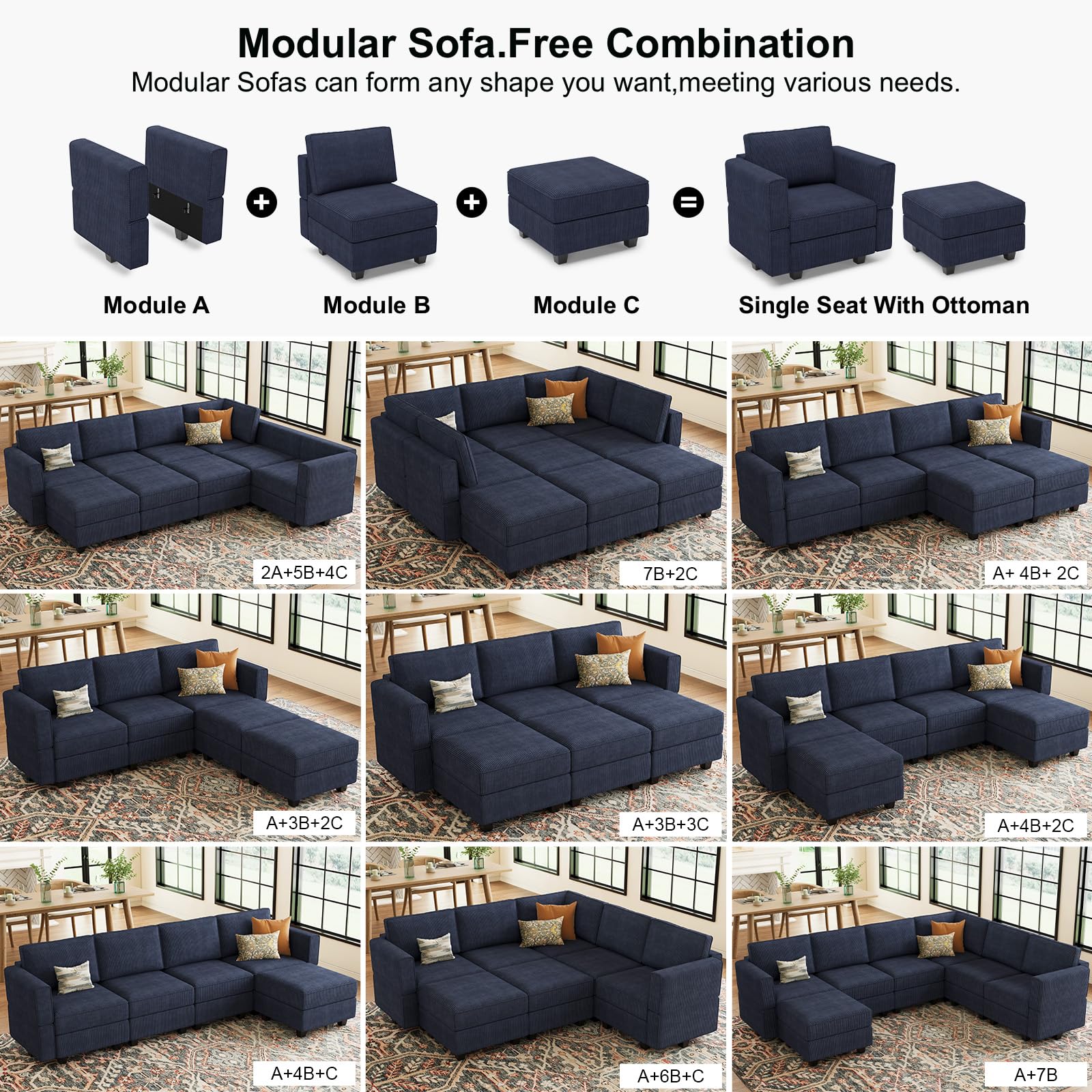 Belffin Corduroy Upholstered Square Modular Storage Ottoman Module for Modular Sectional Sofa Storage Ottoman Foot Stool