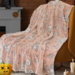 kakwaco halloween blanket for kids, glow in the dark cute pumpkin ghost bat witchy halloween throw blanket, halloween decorations gifts for girls boys 60"×50" - orange