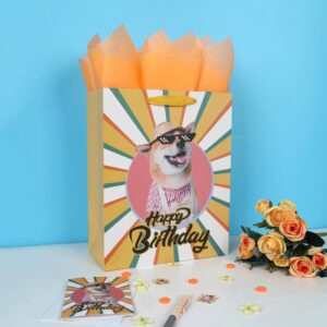 13” Large Yellow Happy Birthday Gift Bag Set with Handles, Greeting Card, Tissue Papers and Stickers for Women Girls Men Boys, Dog Design, 1 Pcs