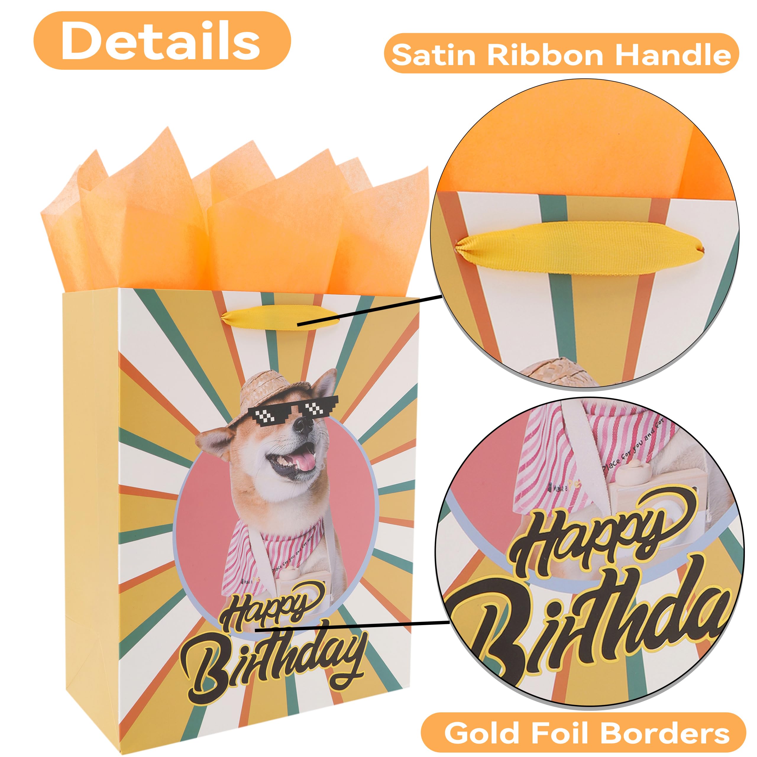 13” Large Yellow Happy Birthday Gift Bag Set with Handles, Greeting Card, Tissue Papers and Stickers for Women Girls Men Boys, Dog Design, 1 Pcs