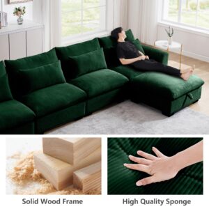 mikibama Modular Sectional Sofa, 122" Corduroy Deep Seat Upholstered Sofa, 3 Seater Comfy Cloud Couch with Waist Pillow for Living Room Office Apartment, Green