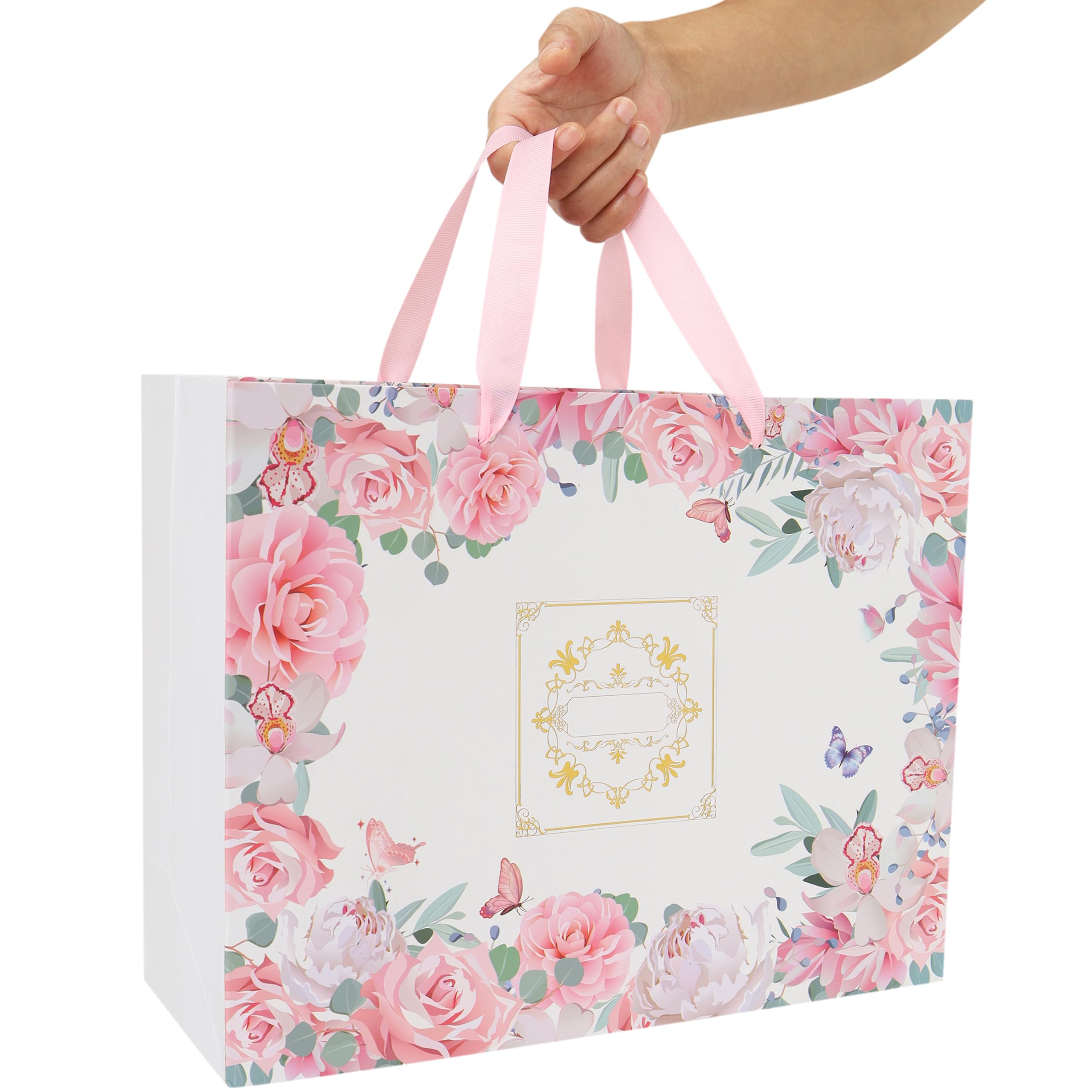 13” Large Pink Roses Gift Bag Set with Handles, Greeting Card, Tissue Papers and Stickers for Women Girls for Birthday, Wedding, Anniversary and Mother’s Day, Gold Foil Flowers Design, 1 Pcs